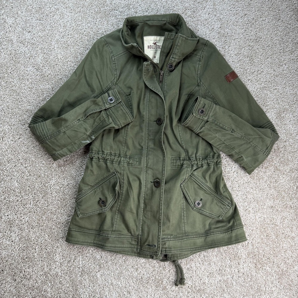 Hollister Jacket Womens M Green Twill Anorak Zip Pockets Drawstring Waist